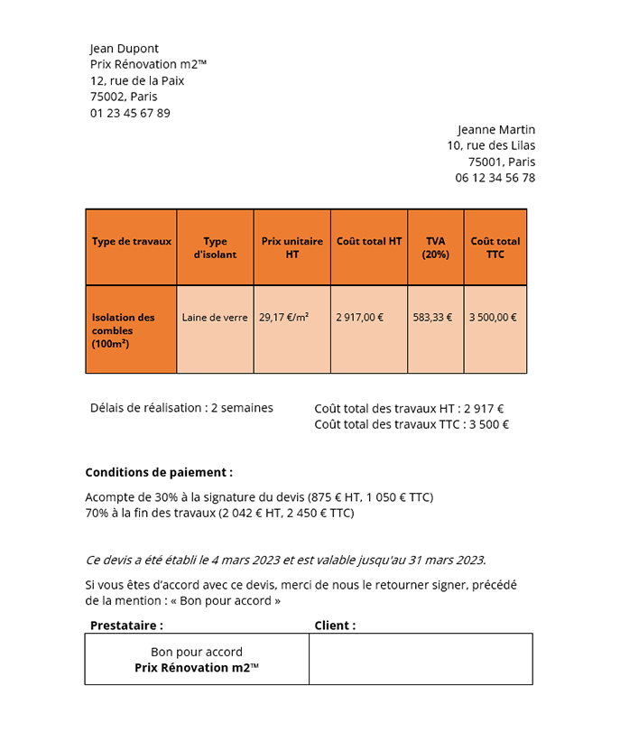 Devis isolation avec des prix détaillés